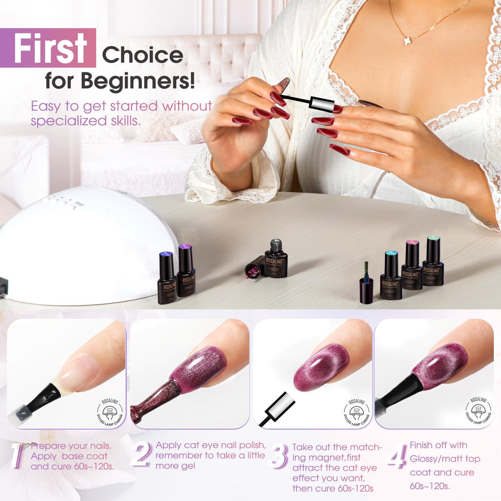 ROSALIND 8PCS Cat Eye Gel Polish with Magnet – Magnetic Diamond-Effect Nail Kit