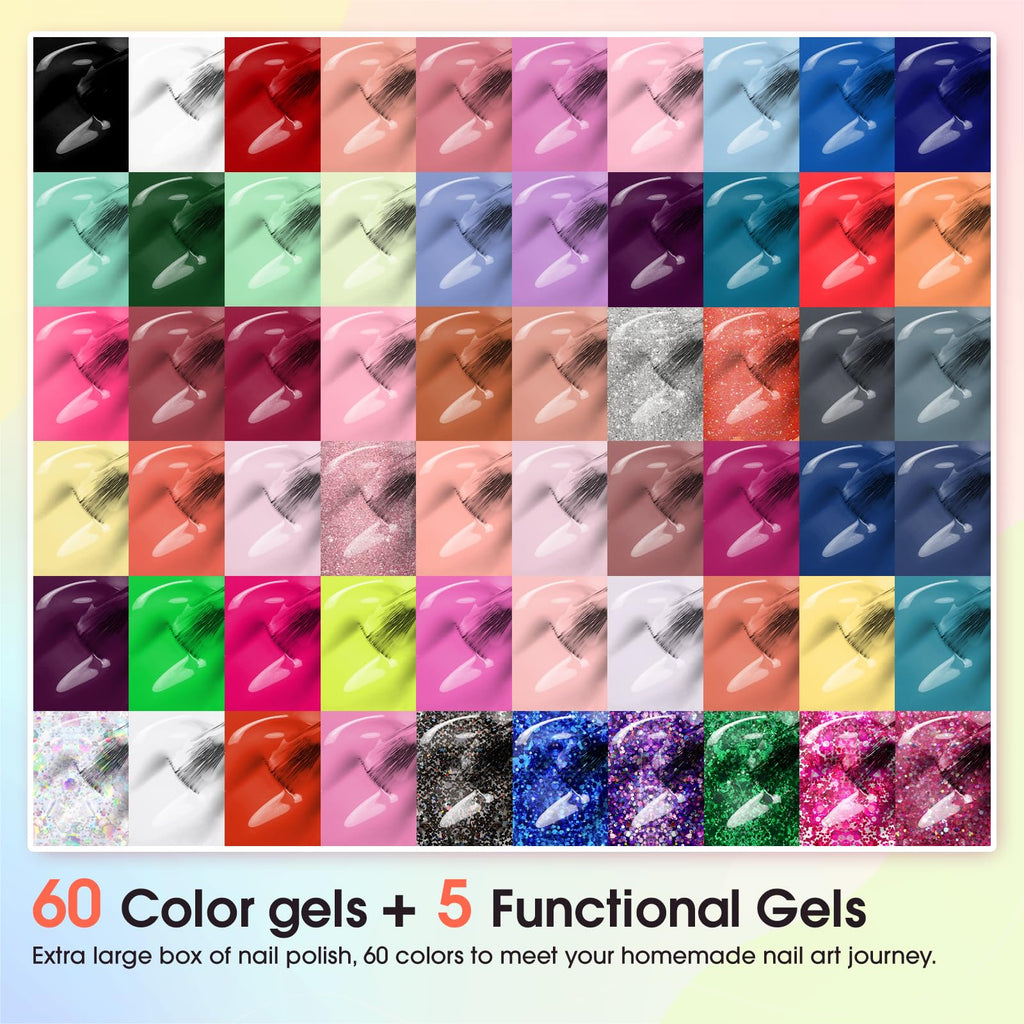 ROSALIND 65PCS Gel Nail Polish Set — 60 Glitter Colors with Base & Top Coats