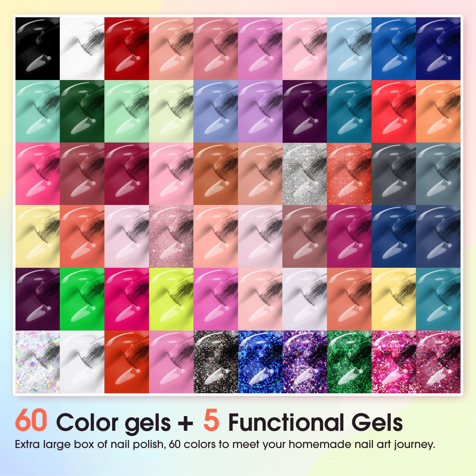 ROSALIND 65PCS Gel Nail Polish Set — 60 Glitter Colors with Base & Top Coats