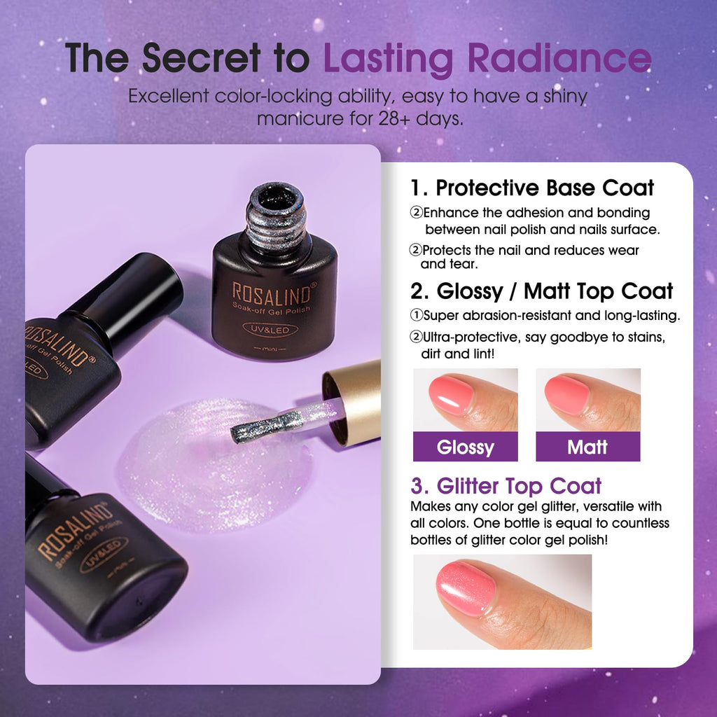ROSALIND 24pcs Cat Eye Gel Nail Polish Set with Glitter Glossy & Matte Top Coats