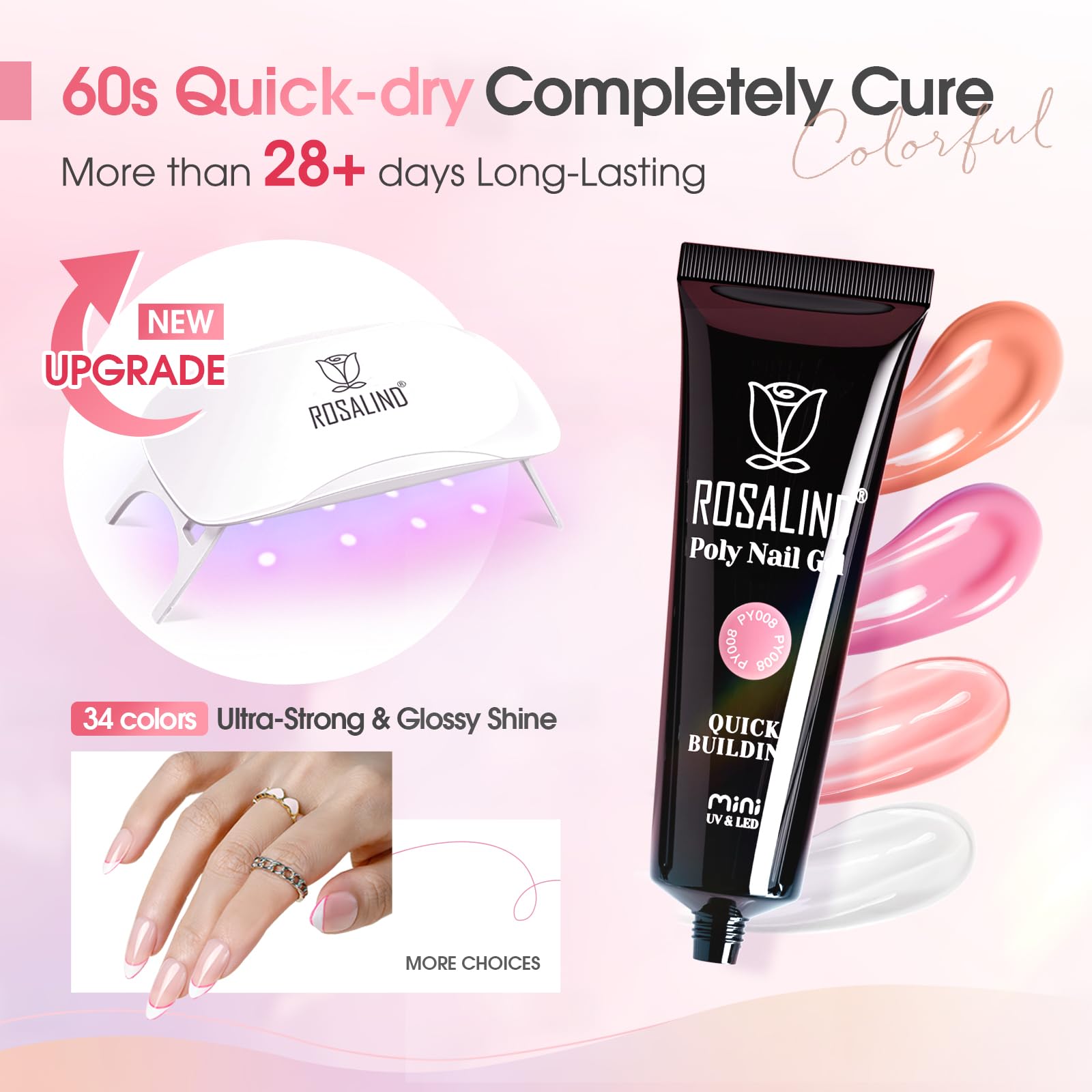 ROSALIND Poly Nail Gel Kit – 34 Colors + Mini UV Lamp Starter Set