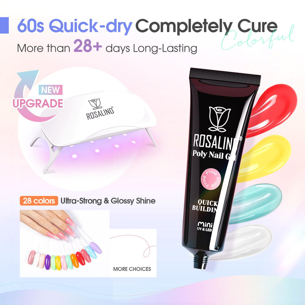 ROSALIND 28 Colors Neon Poly Nail Gel Kit with Mini Lamp – Beginner Starter Set