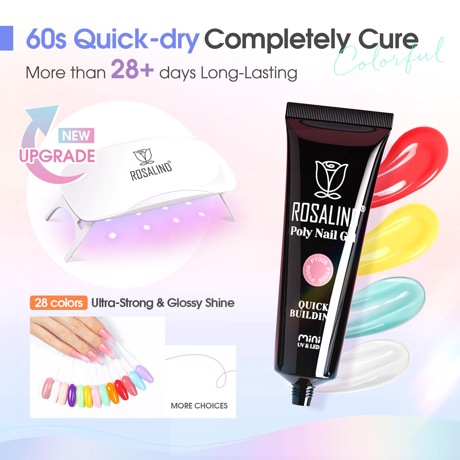 ROSALIND 28 Colors Neon Poly Nail Gel Kit with Mini Lamp – Beginner Starter Set