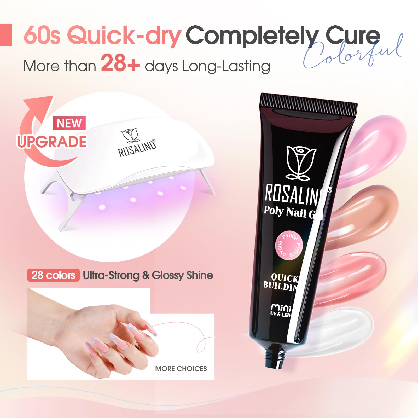 ROSALIND 28 Colors Poly Nail Gel Kit with Mini UV Lamp – Beginner Starter Set