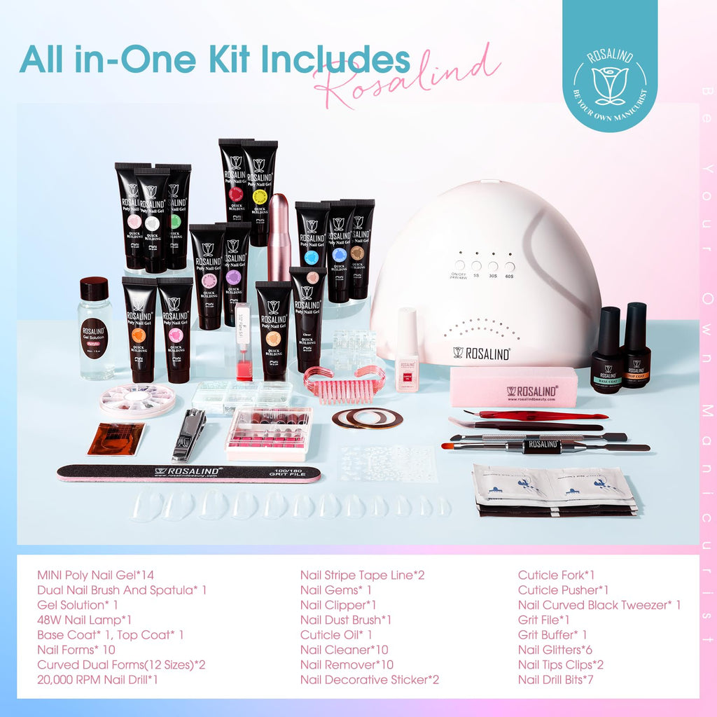 ROSALIND Poly Nail Gel Starter Kit — 14 Colors, 48W UV Lamp, 20,000 RPM Drill