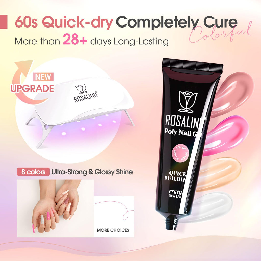ROSALIND 8PCS Poly Nail Gel Kit with Mini Nail Lamp – Starter Set