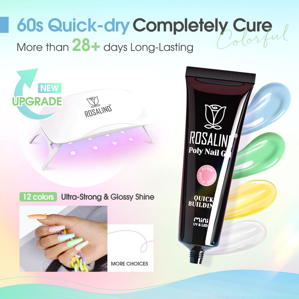 ROSALIND 12 Colors Poly Nail Gel Kit with Mini Nail Lamp – Beginner Friendly Builder Set