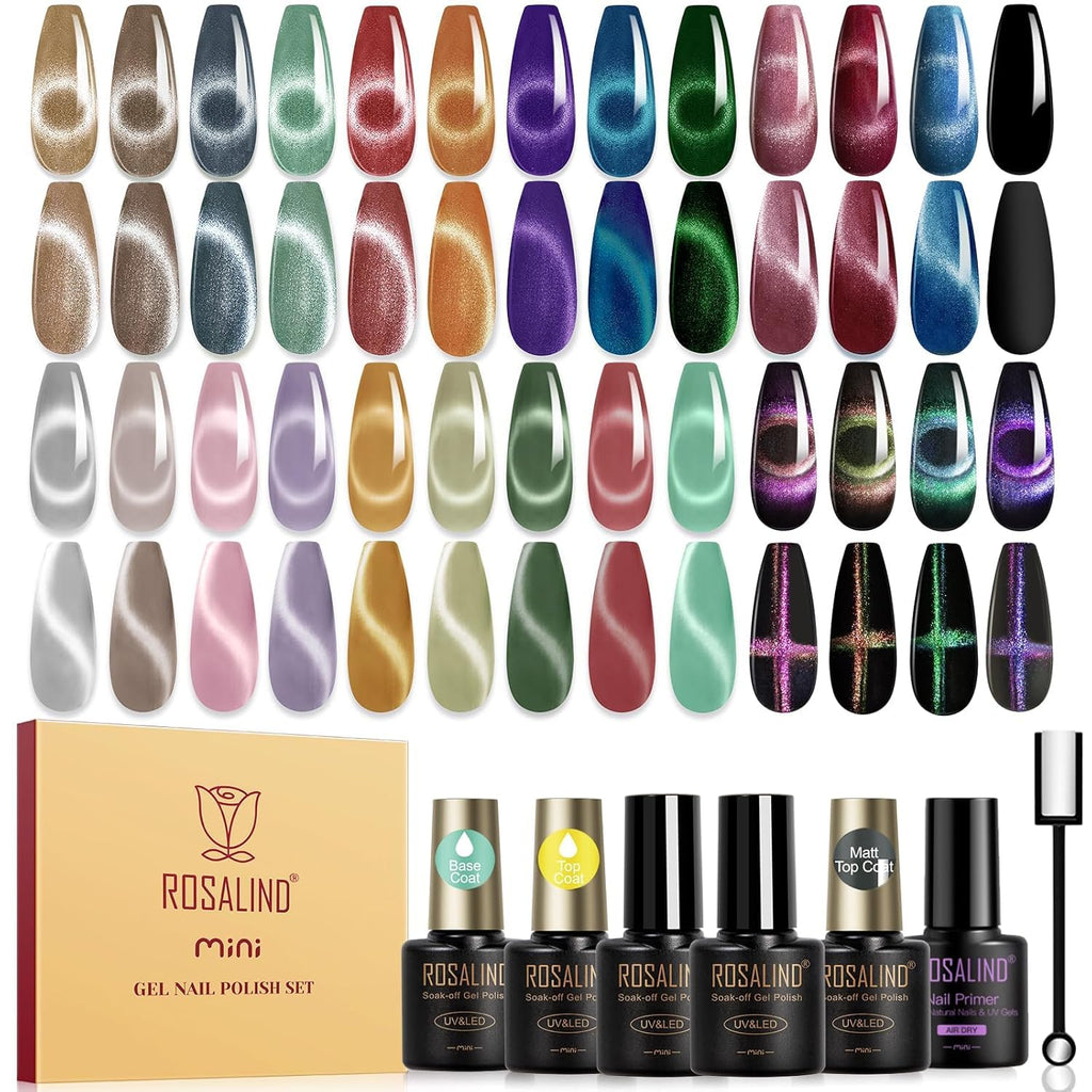 ROSALIND Cat Eye Gel Nail Polish Set – 26 Colors + Base Coat, Matte/Glossy Top Coats, Magnet, Nail Primer