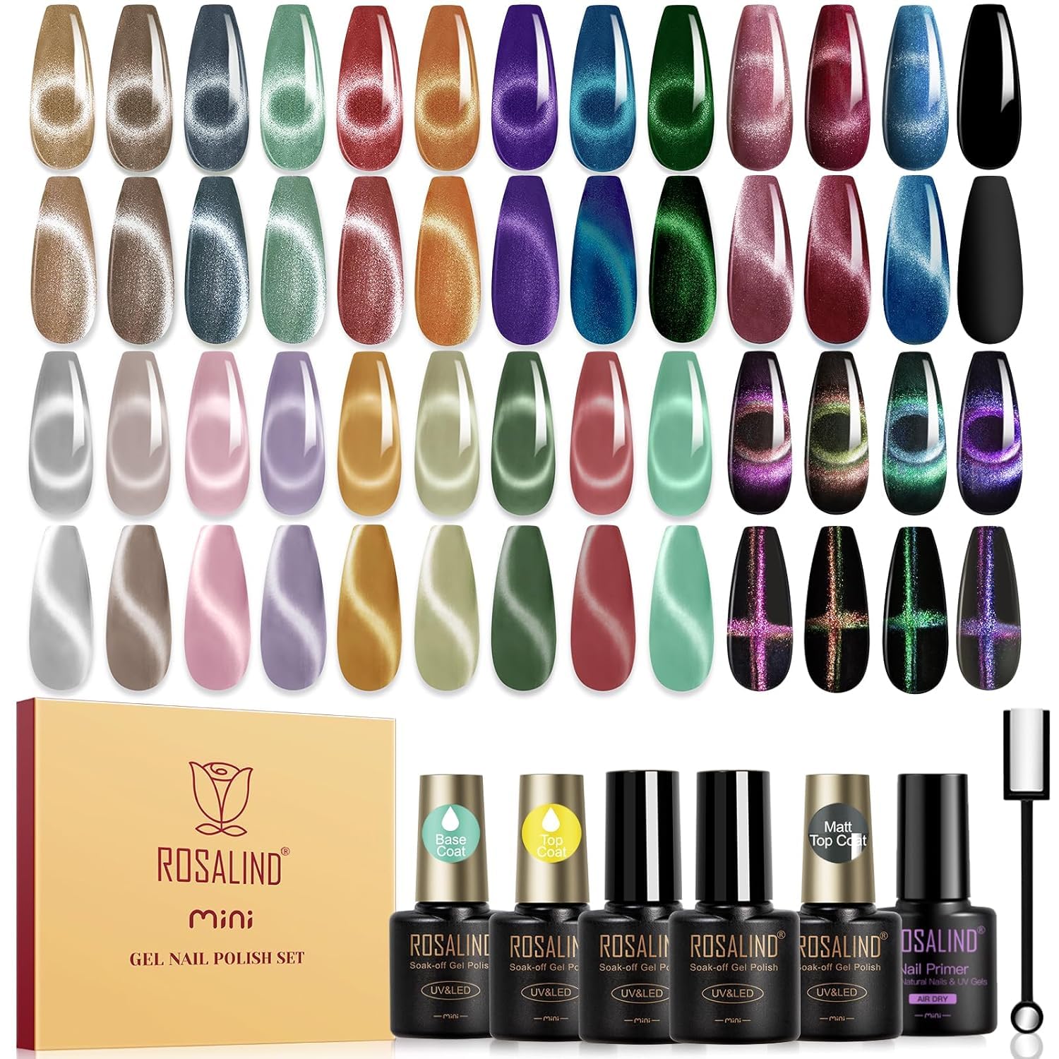 ROSALIND Cat Eye Gel Nail Polish Set – 26 Colors + Base Coat, Matte/Glossy Top Coats, Magnet, Nail Primer