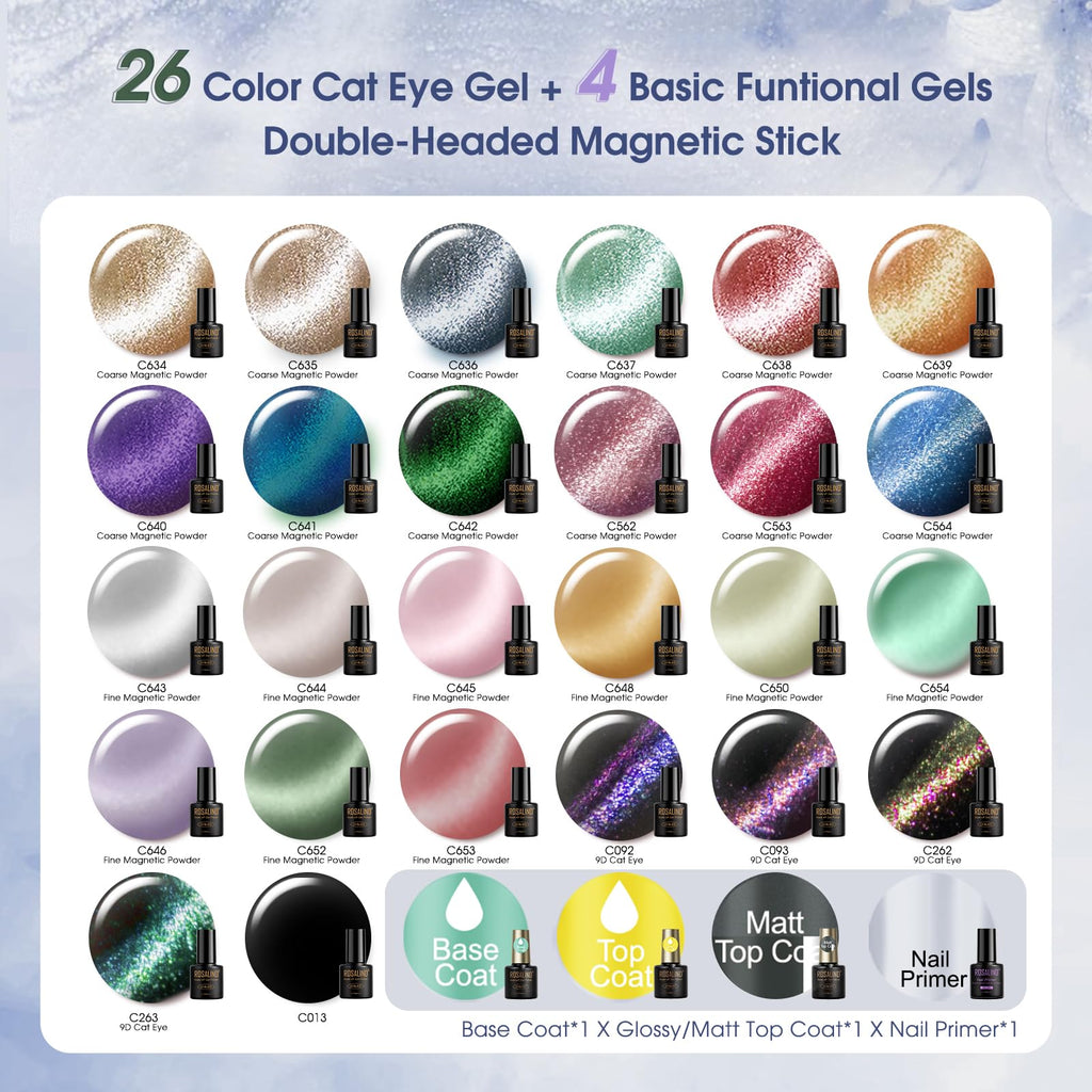 ROSALIND Cat Eye Gel Nail Polish Set – 26 Colors + Base Coat, Matte/Glossy Top Coats, Magnet, Nail Primer
