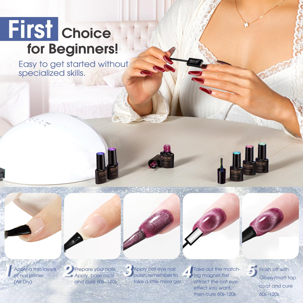 ROSALIND Cat Eye Gel Nail Polish Set – 26 Colors + Base Coat, Matte/Glossy Top Coats, Magnet, Nail Primer