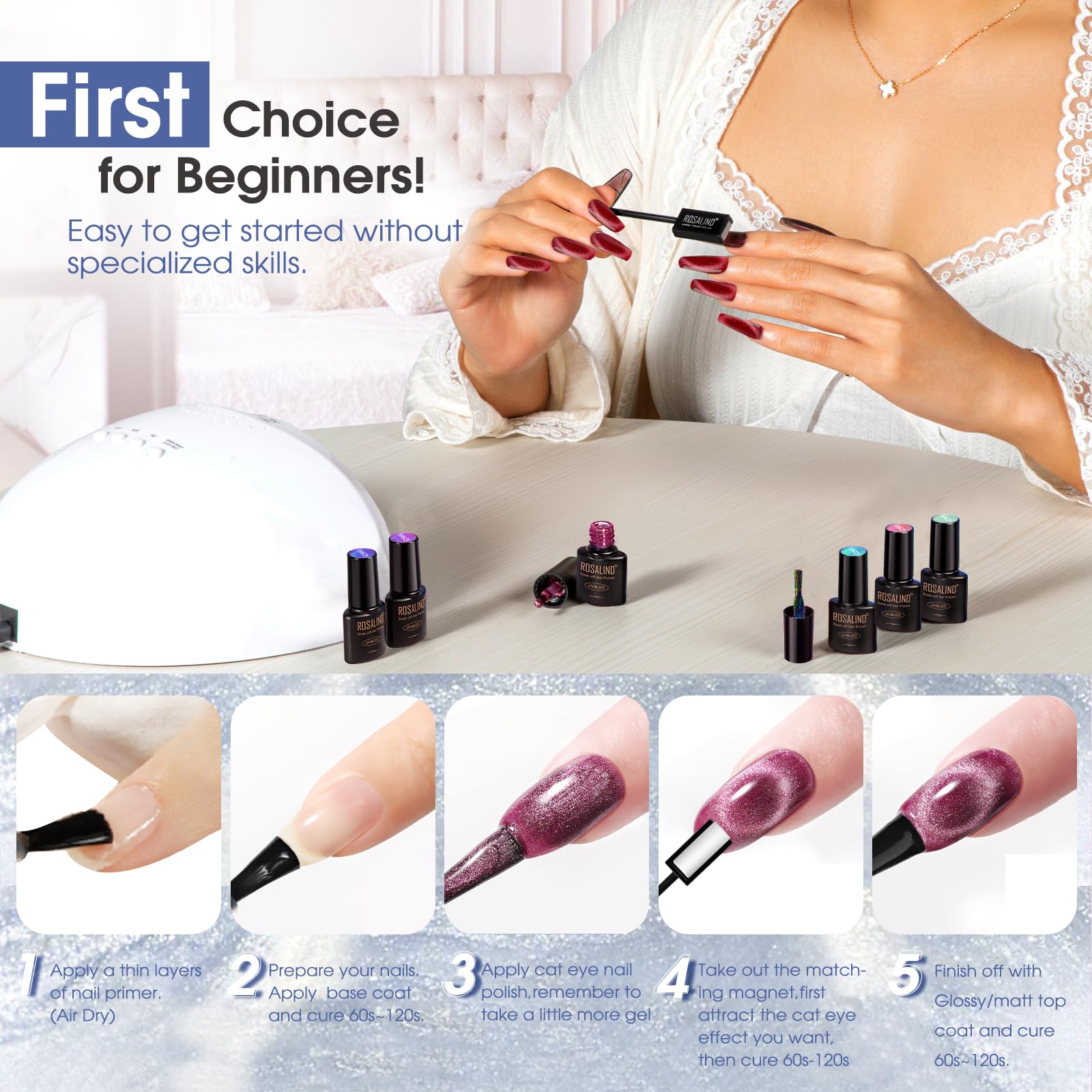 ROSALIND Cat Eye Gel Nail Polish Set – 26 Colors + Base Coat, Matte/Glossy Top Coats, Magnet, Nail Primer