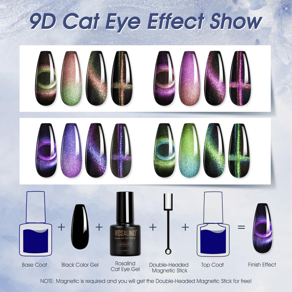 ROSALIND Cat Eye Gel Nail Polish Set – 26 Colors + Base Coat, Matte/Glossy Top Coats, Magnet, Nail Primer