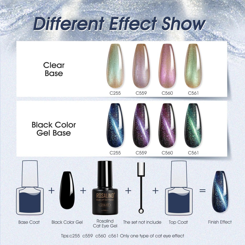 ROSALIND 24pcs Cat Eye Gel Nail Polish Set with Glitter Glossy & Matte Top Coats