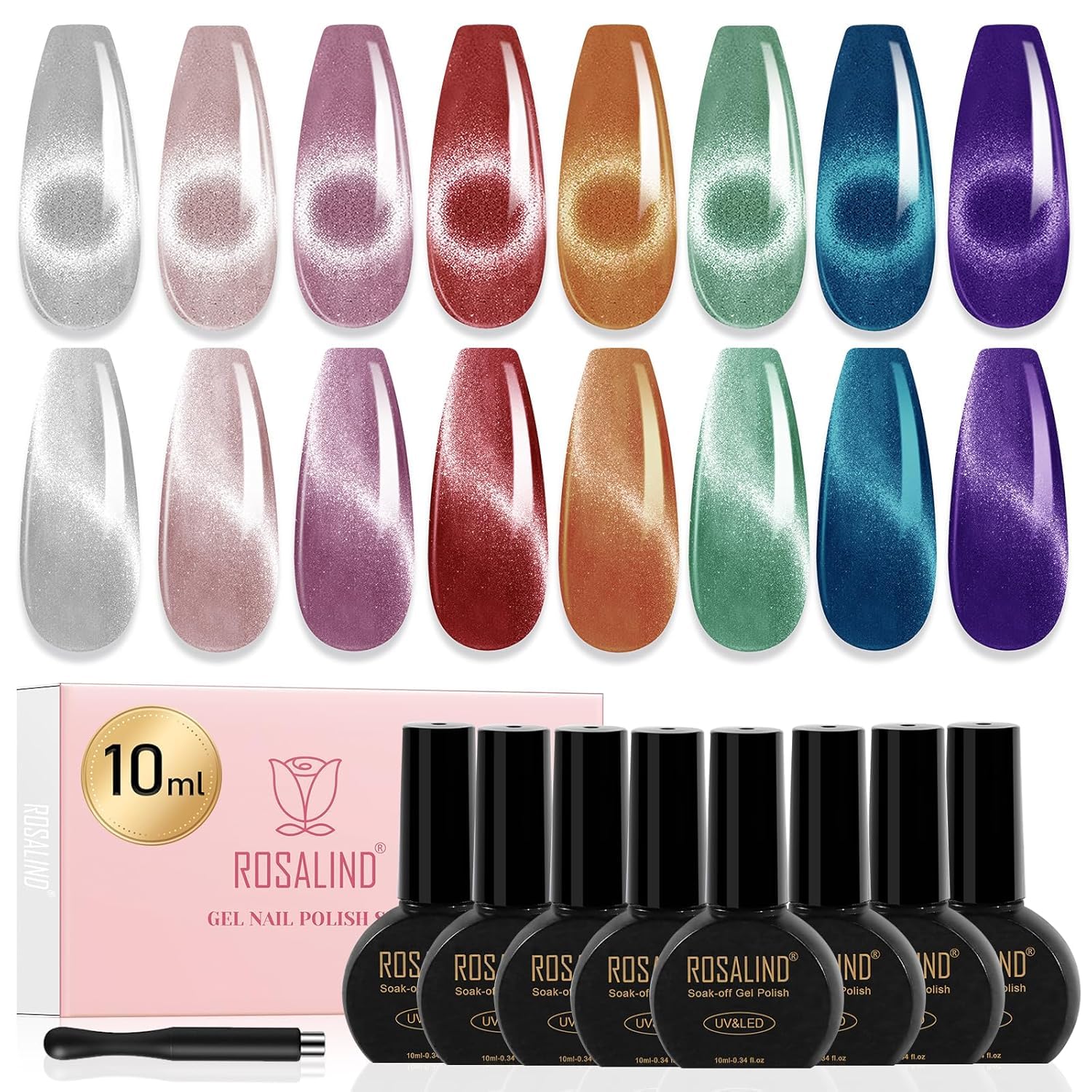 ROSALIND Cat Eye Gel Nail Polish Set with Magnet — 8 Colors, Glitter & Holographic Finish