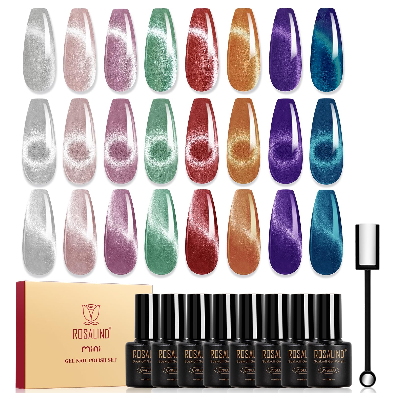 ROSALIND 8PCS Cat Eye Gel Polish with Magnet – Magnetic Diamond-Effect Nail Kit