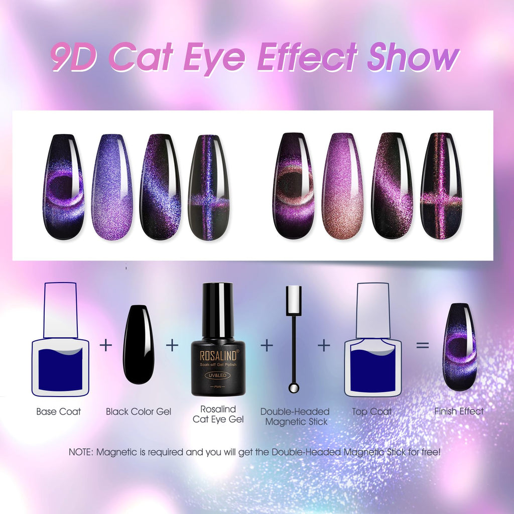 ROSALIND Cateye Gel Polish 8-Color Set — Magnetic Cat Eye Nail Polish Galaxy Collection