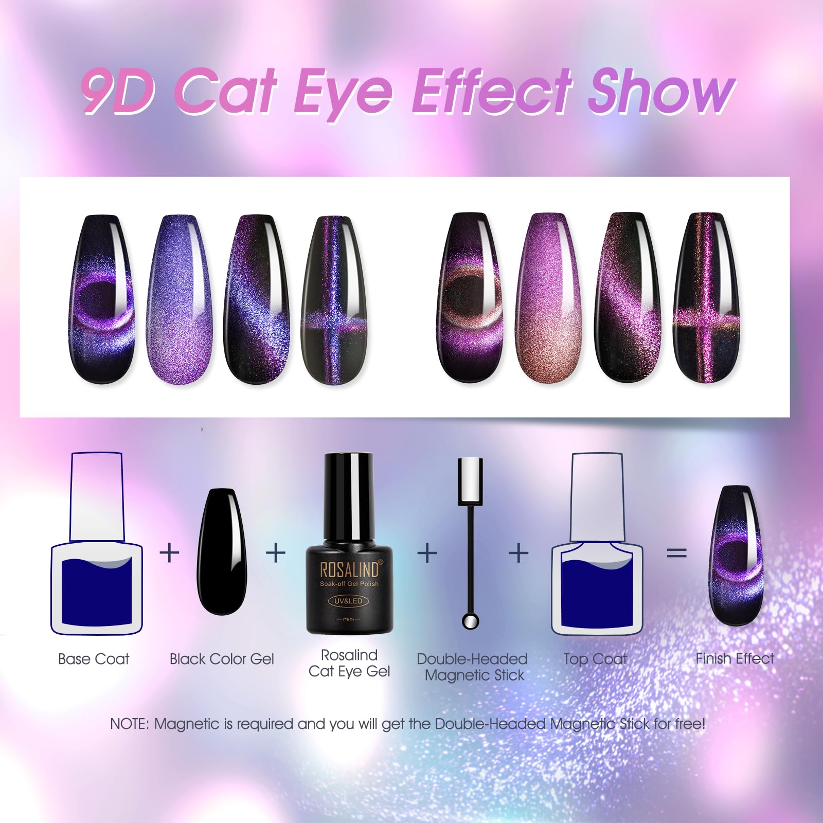 ROSALIND Cateye Gel Polish 8-Color Set — Magnetic Cat Eye Nail Polish Galaxy Collection