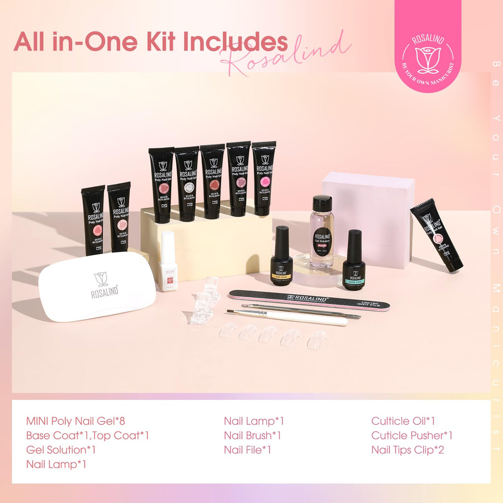 ROSALIND 8PCS Poly Nail Gel Kit with Mini Nail Lamp – Starter Set