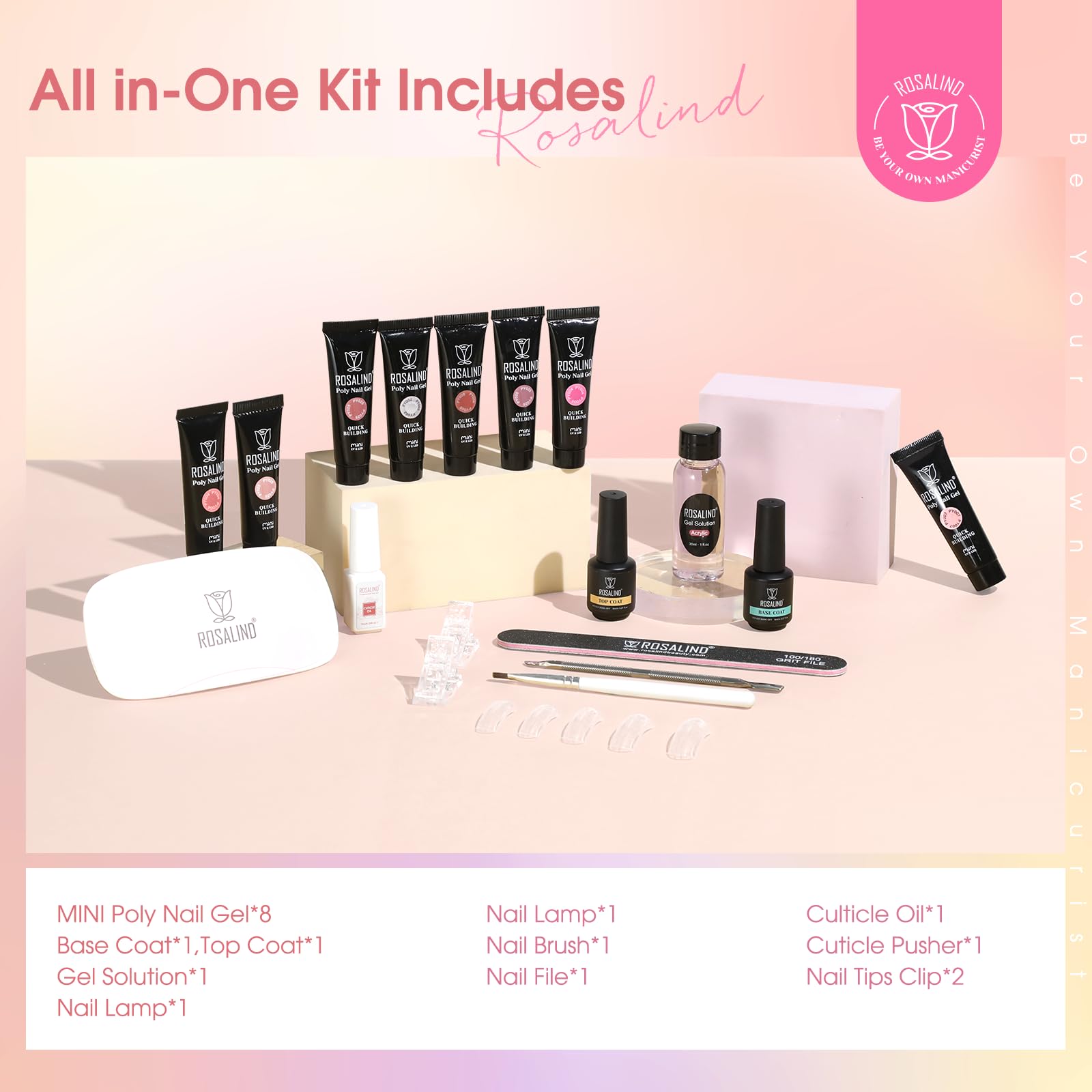 ROSALIND 8PCS Poly Nail Gel Kit with Mini Nail Lamp – Starter Set