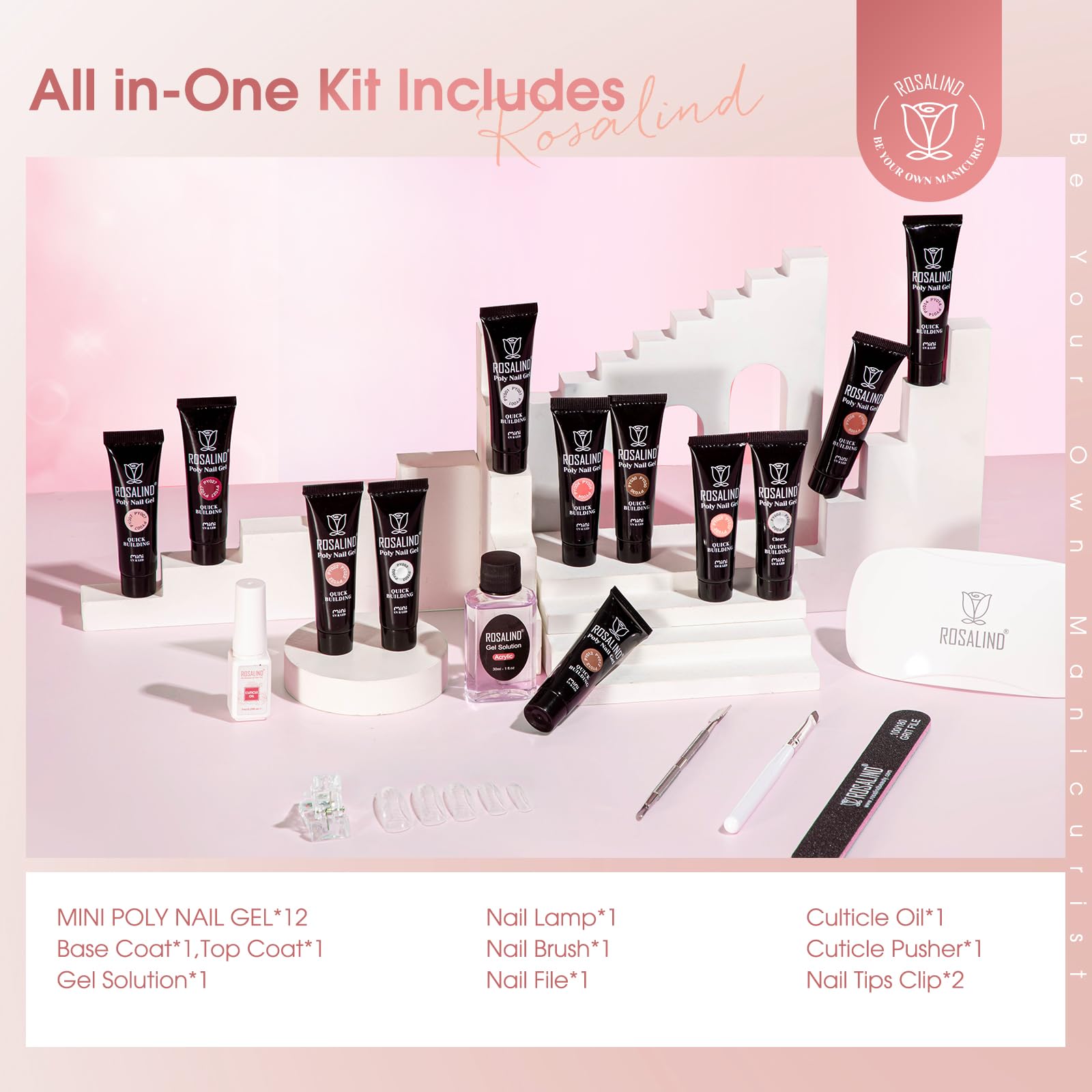 ROSALIND 12-Piece Pink & Brown Christmas Poly Nail Gel Kit + Mini Nail Lamp