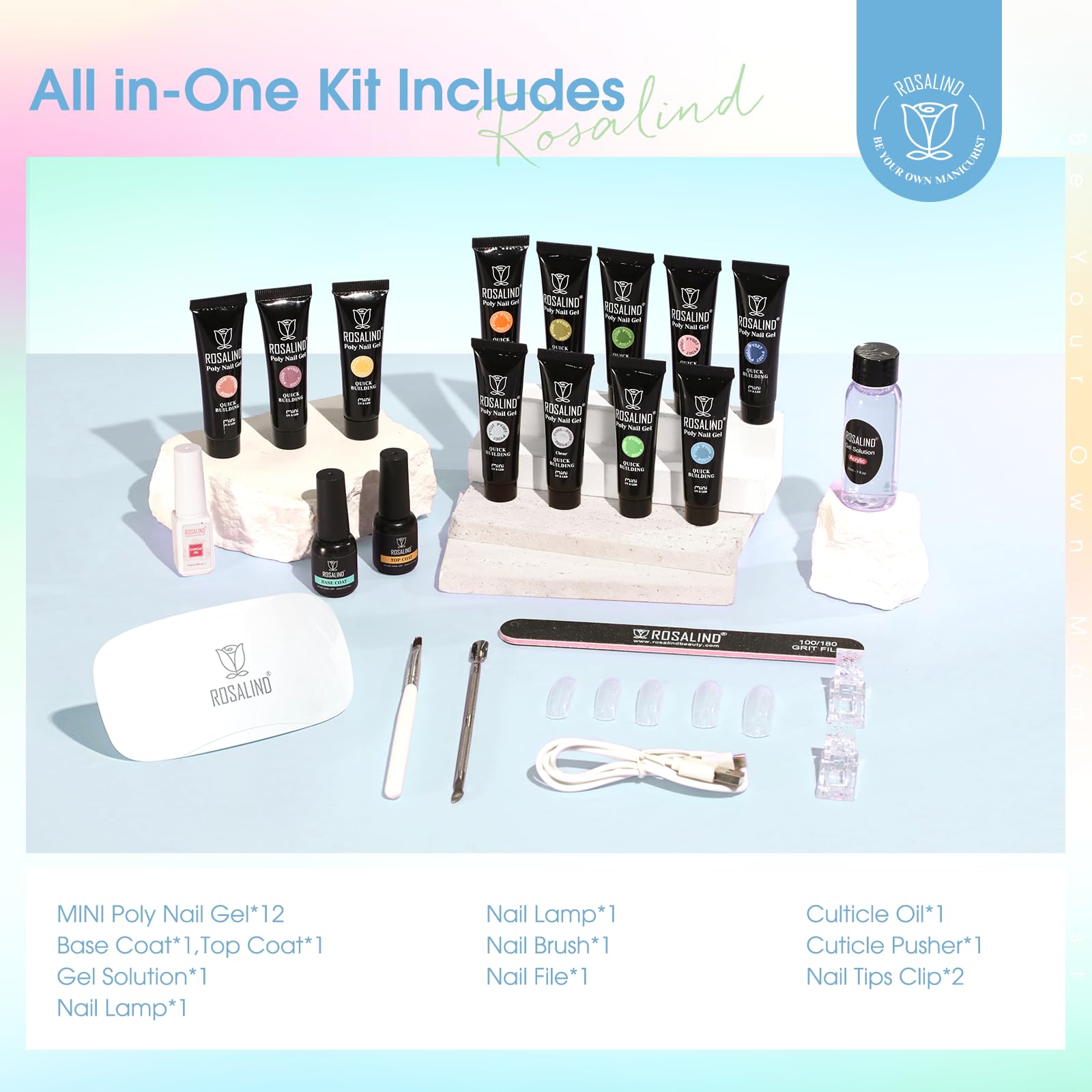 ROSALIND 12 Colors Poly Nail Gel Kit with Mini Nail Lamp – Beginner Friendly Builder Set