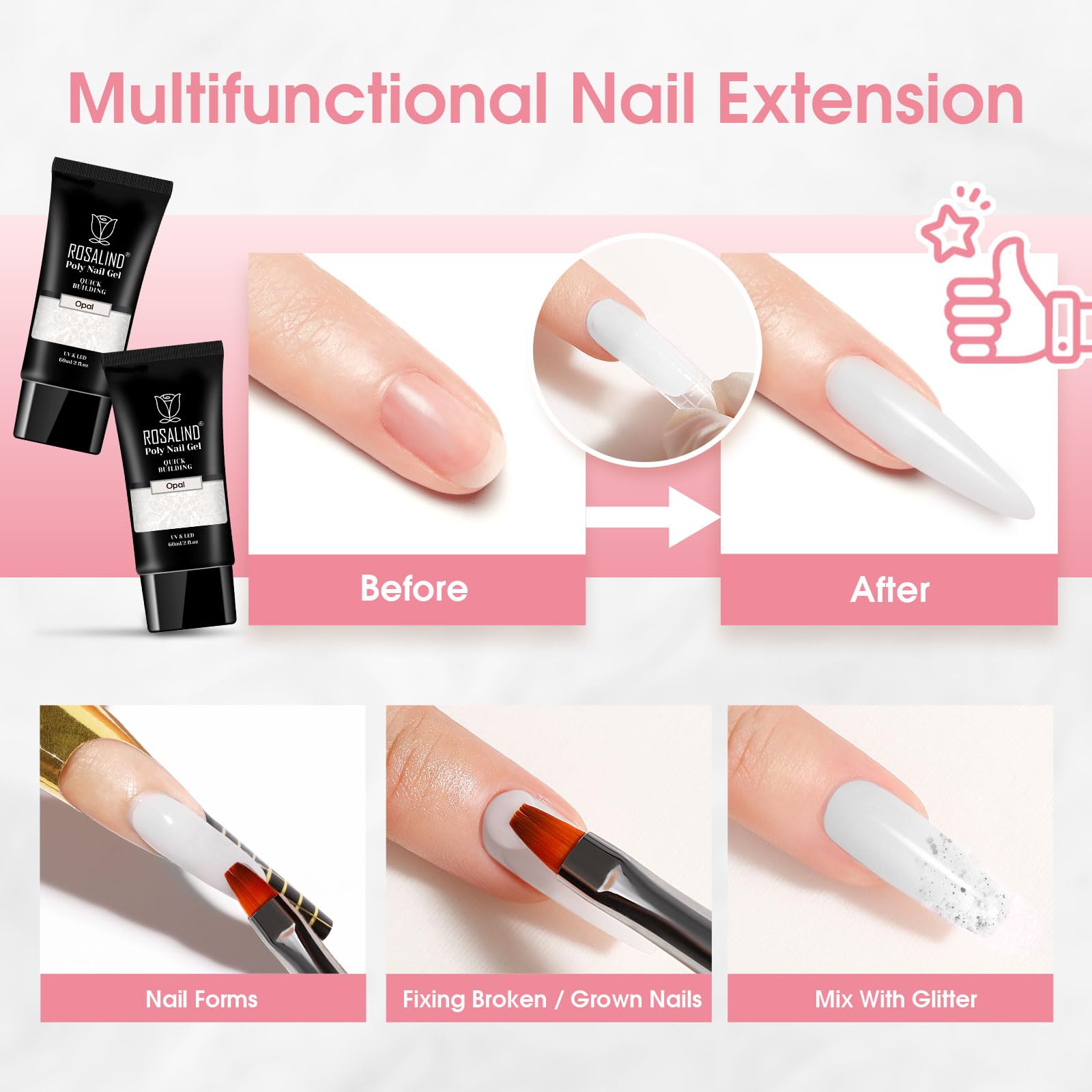 ROSALIND White Poly Extension Gel – 2 Pack 2 oz Nail Builder for Opal Nail Art & Nail Thickening