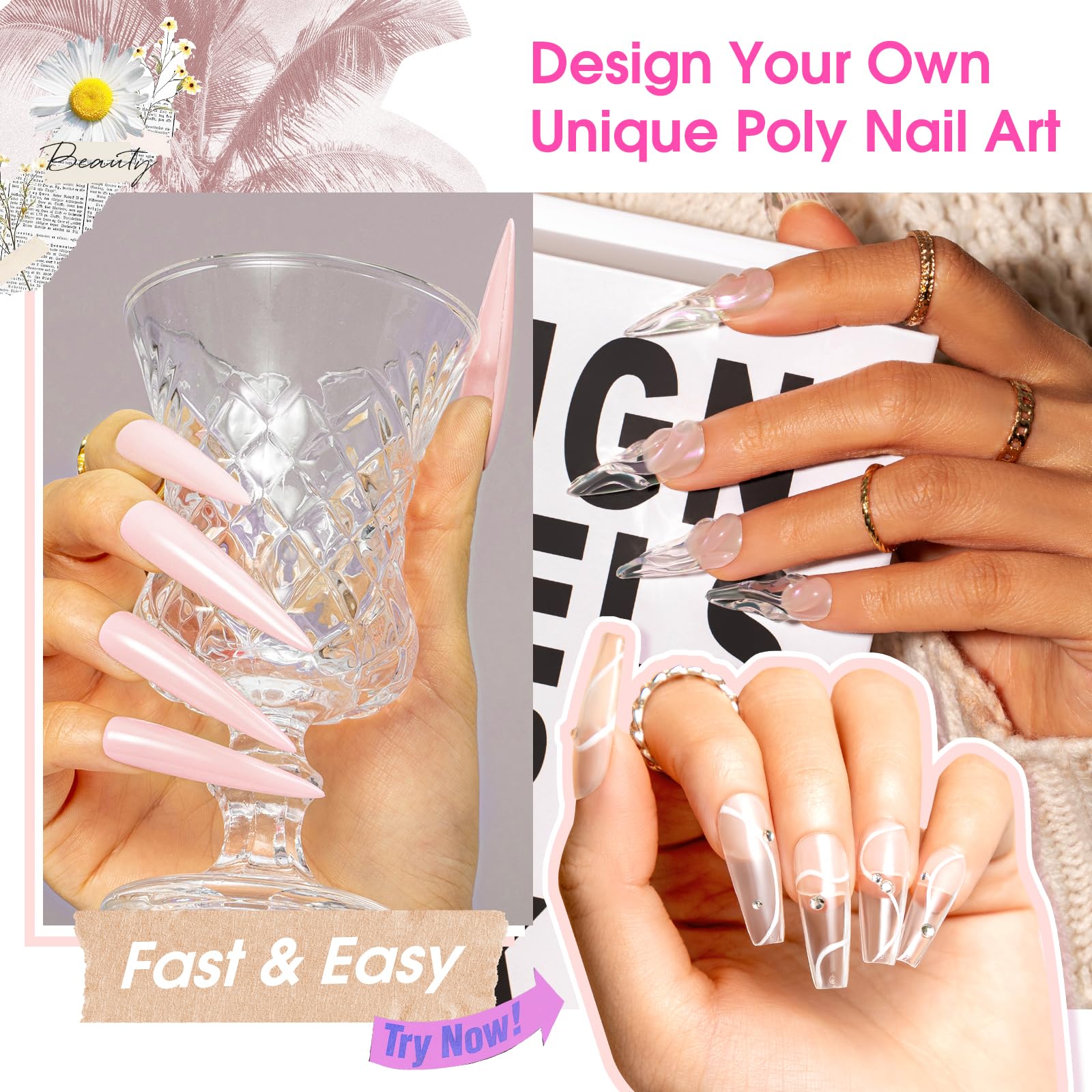 ROSALIND Pink & Clear Poly Nail Gel Kit – 2x 2oz Builder Gel for DIY Nail Art