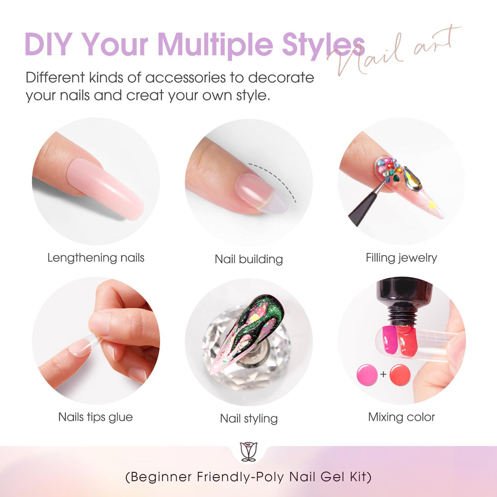 ROSALIND Poly Nail Gel Kit – 38 Classic Colors + 72 Nail Art Accessories | Mini UV Lamp Starter Kit
