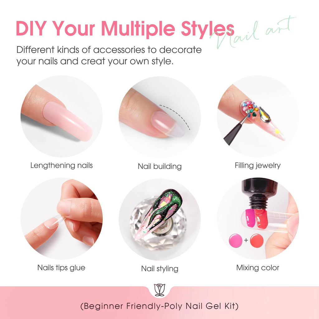 ROSALIND 14 Colors Poly Nail Gel Kit with Mini Nail Lamp – Pink & Brown