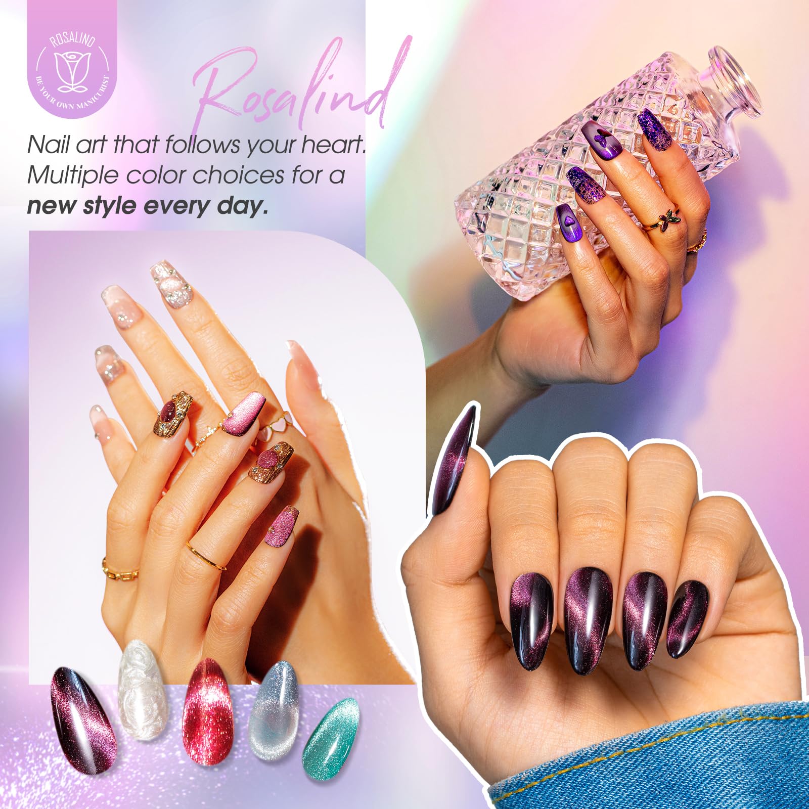 ROSALIND Cateye Gel Polish 8-Color Set — Magnetic Cat Eye Nail Polish Galaxy Collection