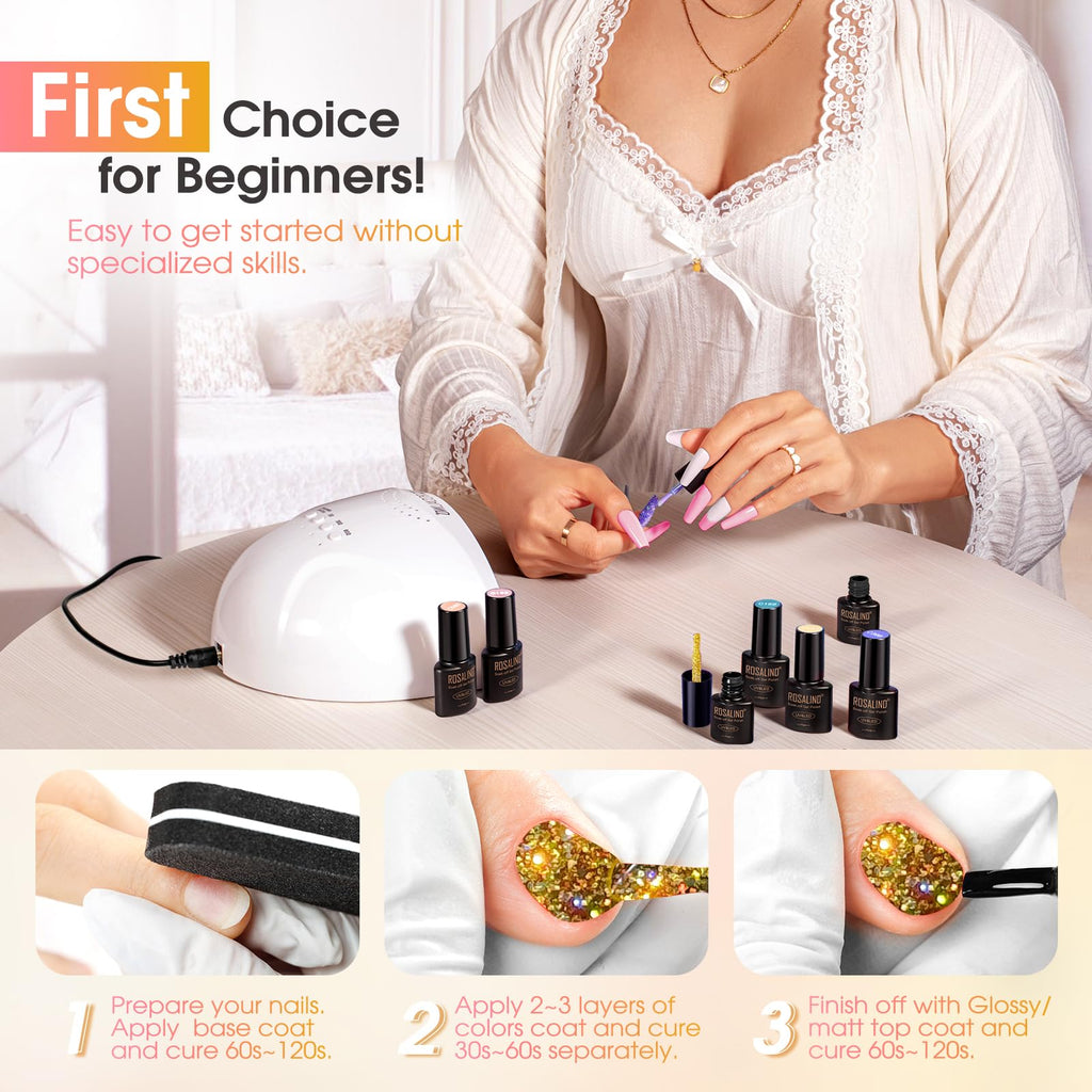 ROSALIND Glitter Gel Polish – 8-Color Diamond Sparkle Gel Nail Kit
