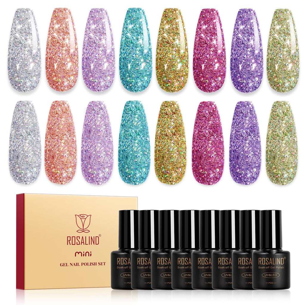 ROSALIND Glitter Gel Polish – 8-Color Diamond Sparkle Gel Nail Kit