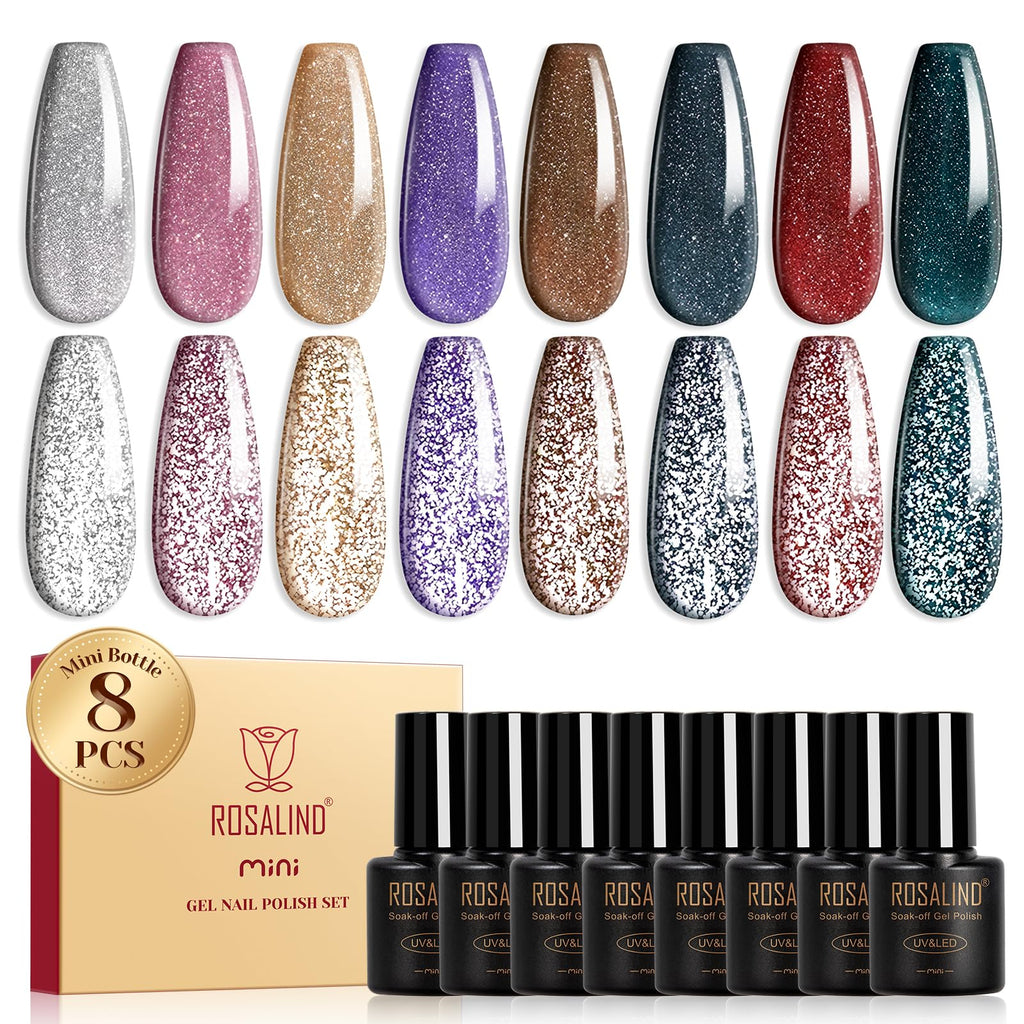 ROSALIND Reflective Glitter Gel Nail Polish – 8-Color Sparkle Gel Set for Soak-Off UV Gels