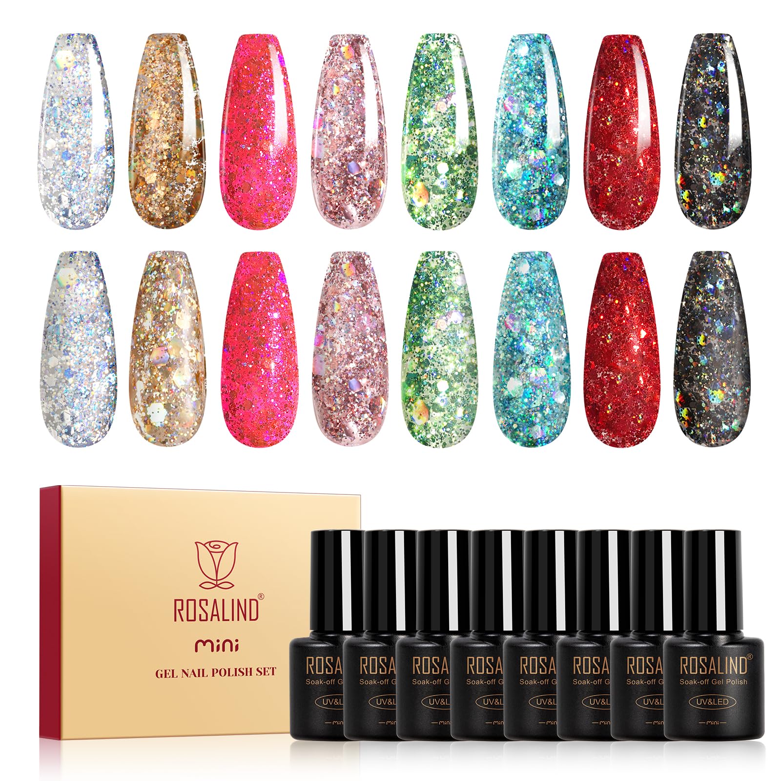 ROSALIND Glitter Sequins Gel Polish – 8-Color Glitter Gel Polish Set for Sparkling Nails
