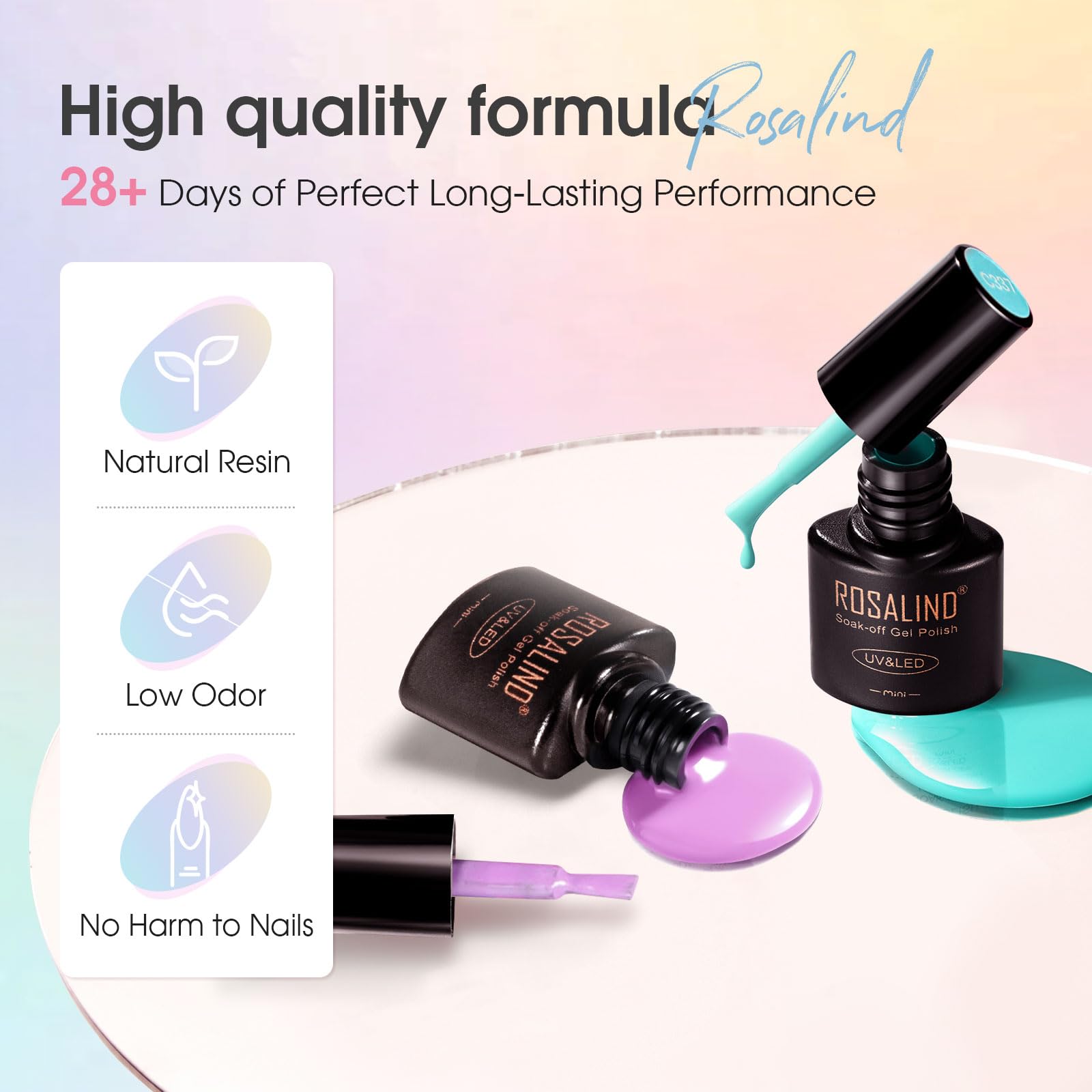 ROSALIND 30pcs Gel Nail Polish Set – 26 Neon Colors + Base Coat & Glitter Top Coats