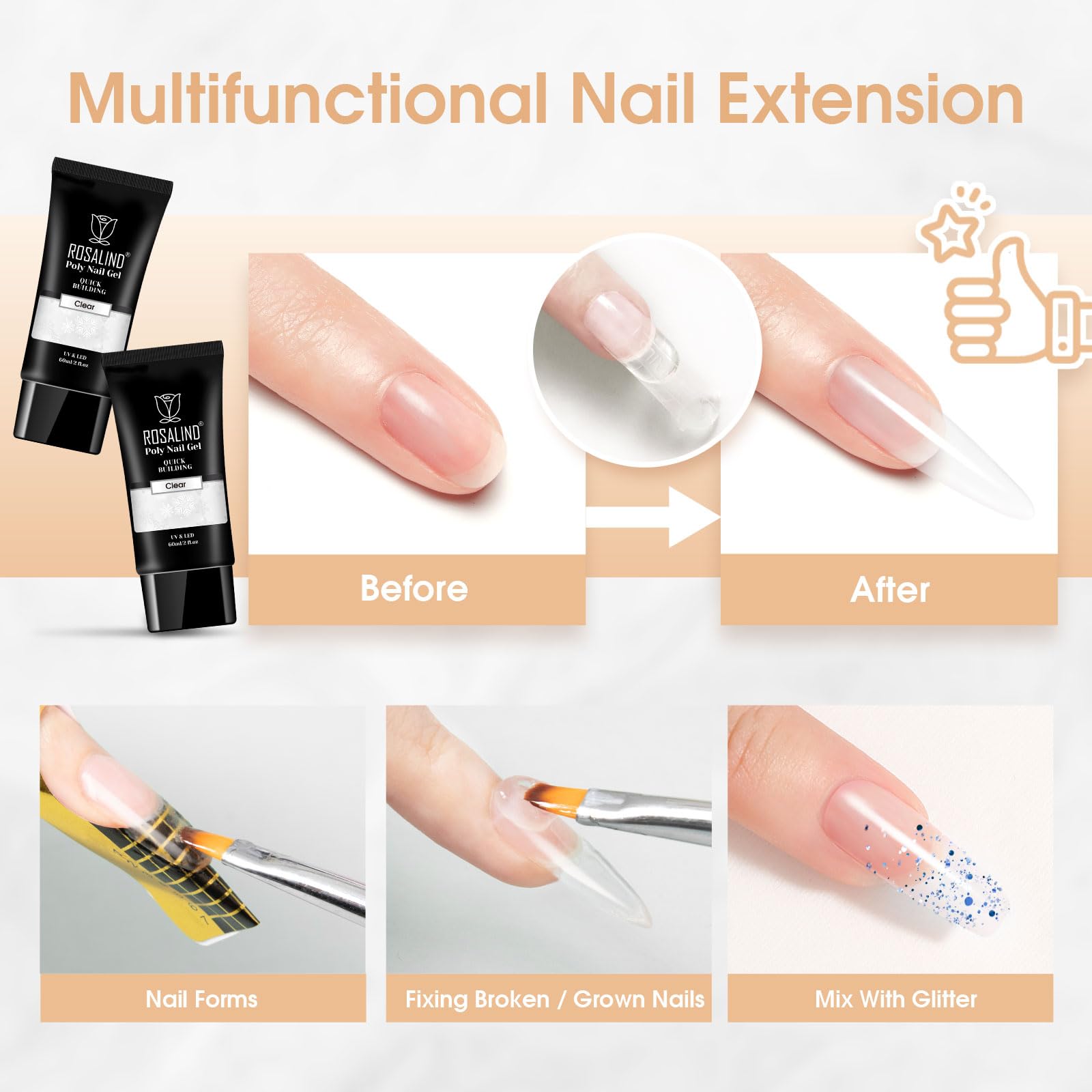 Rosalind Clear Acrylic Poly Extension Gel – 2-Pack 60ml Nail Builder Kit for DIY Nails | UV/LED Cure