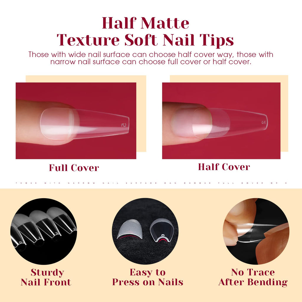 ROSALIND 264Pcs Half Matte Long Coffin Nail Tips – Soft Full Cover PMMA, 12 Sizes