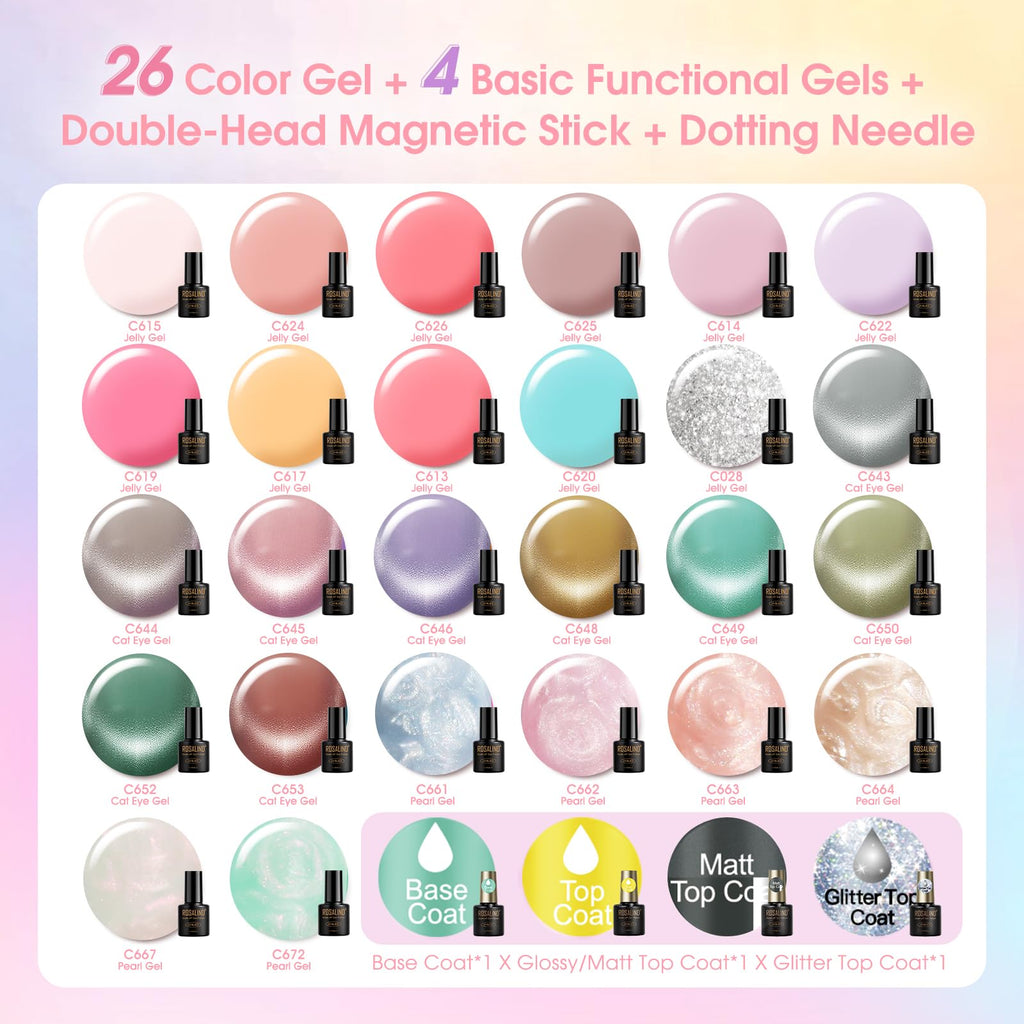 ROSALIND 30pcs Jelly Cat Eye Pearl Gel Polish Set – 26 Colors + Magnet