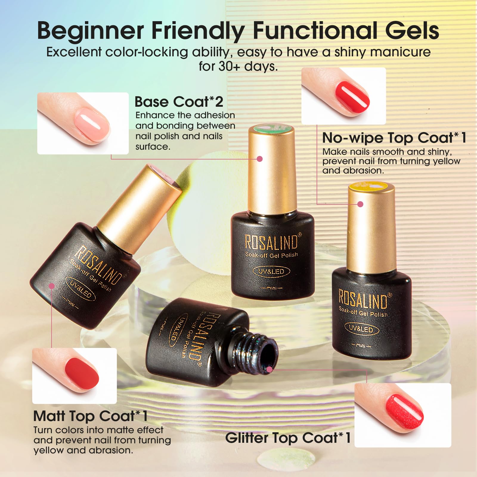 ROSALIND 65PCS Gel Nail Polish Set — 60 Glitter Colors with Base & Top Coats