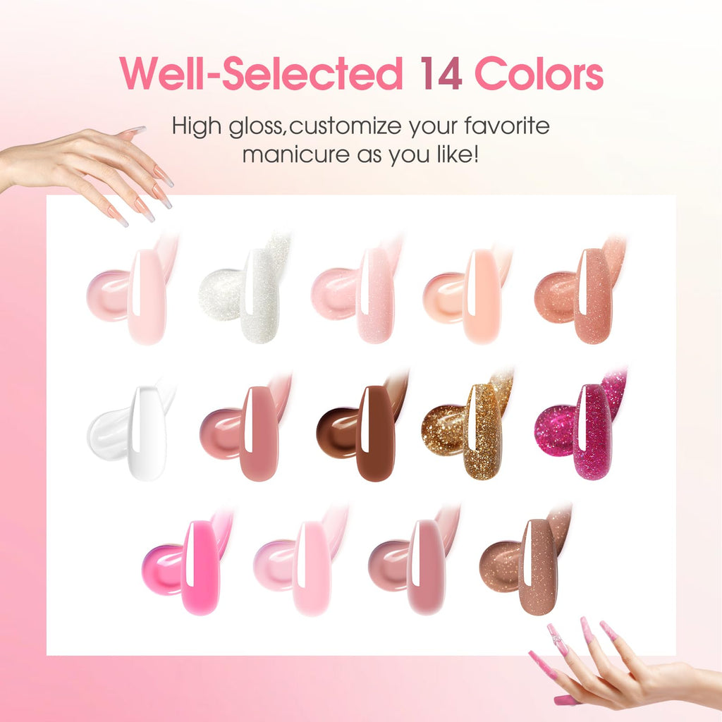 ROSALIND 14 Colors Poly Nail Gel Kit with Mini Nail Lamp – Pink & Brown