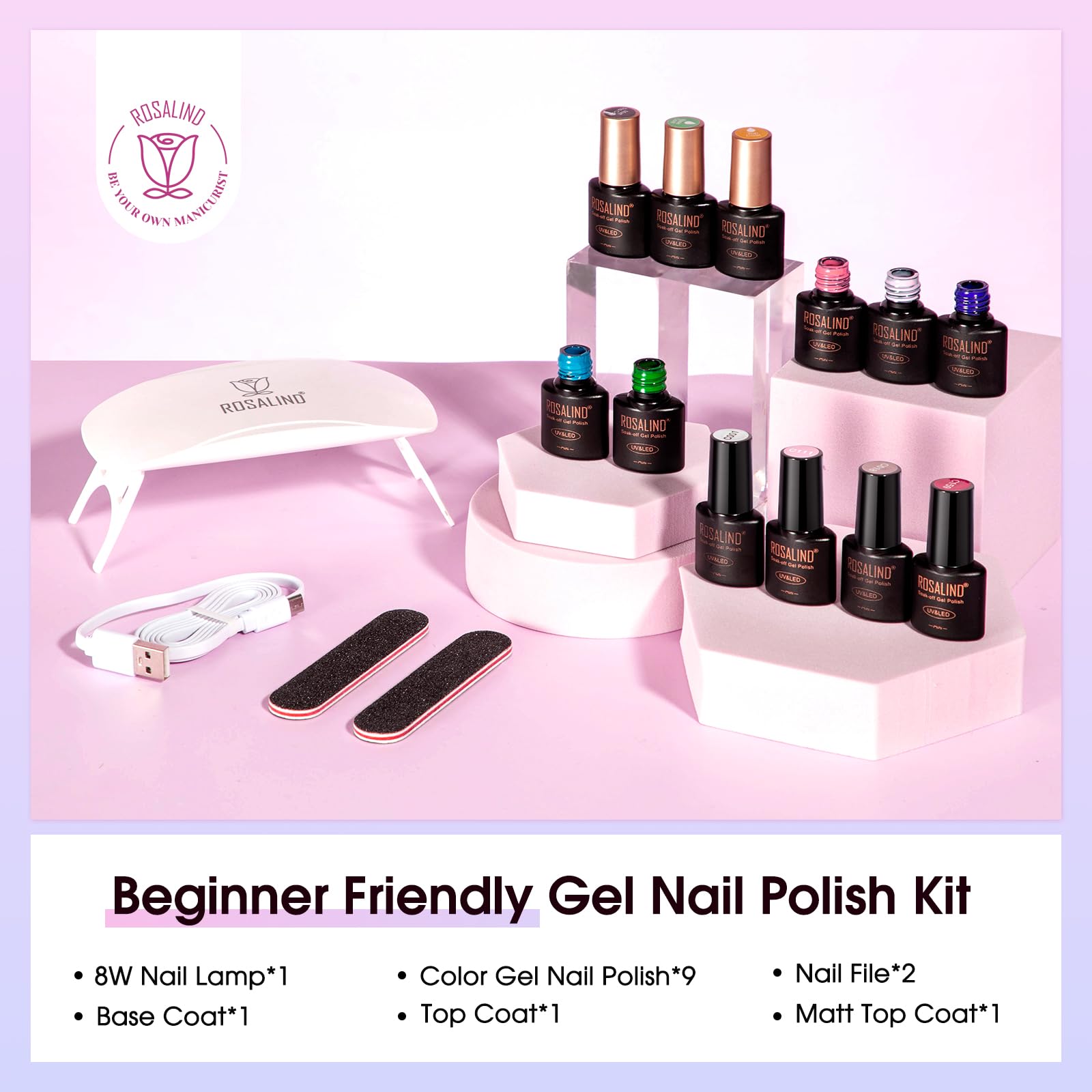 ROSALIND 14-Piece Gel Nail Polish Kit with Mini UV Lamp – 9 Colors, Base Coat, Glossy & Matte Top Coats