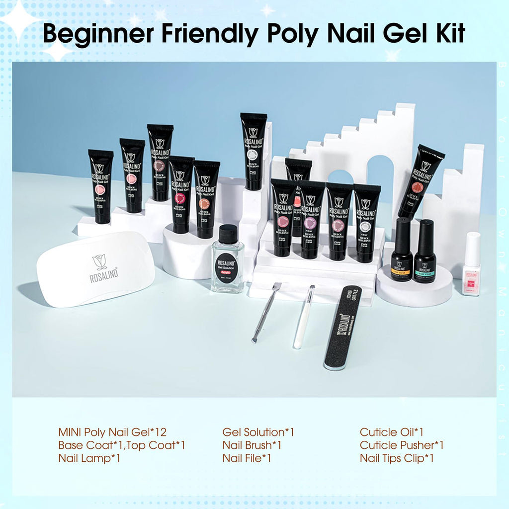 ROSALIND Pink Poly Nail Gel Kit – 12 Colors + Mini UV Lamp Starter Set