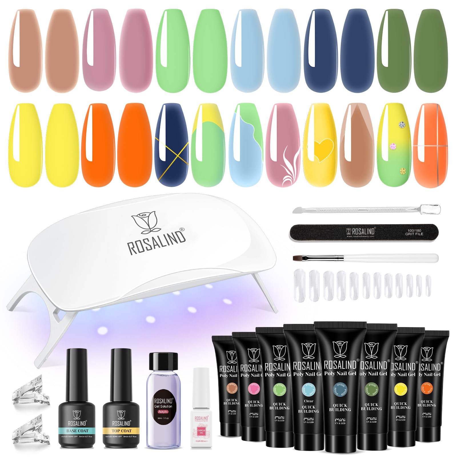 ROSALIND 8PCS Poly Nail Gel Kit with Mini UV Lamp | Starter Nail Extensions