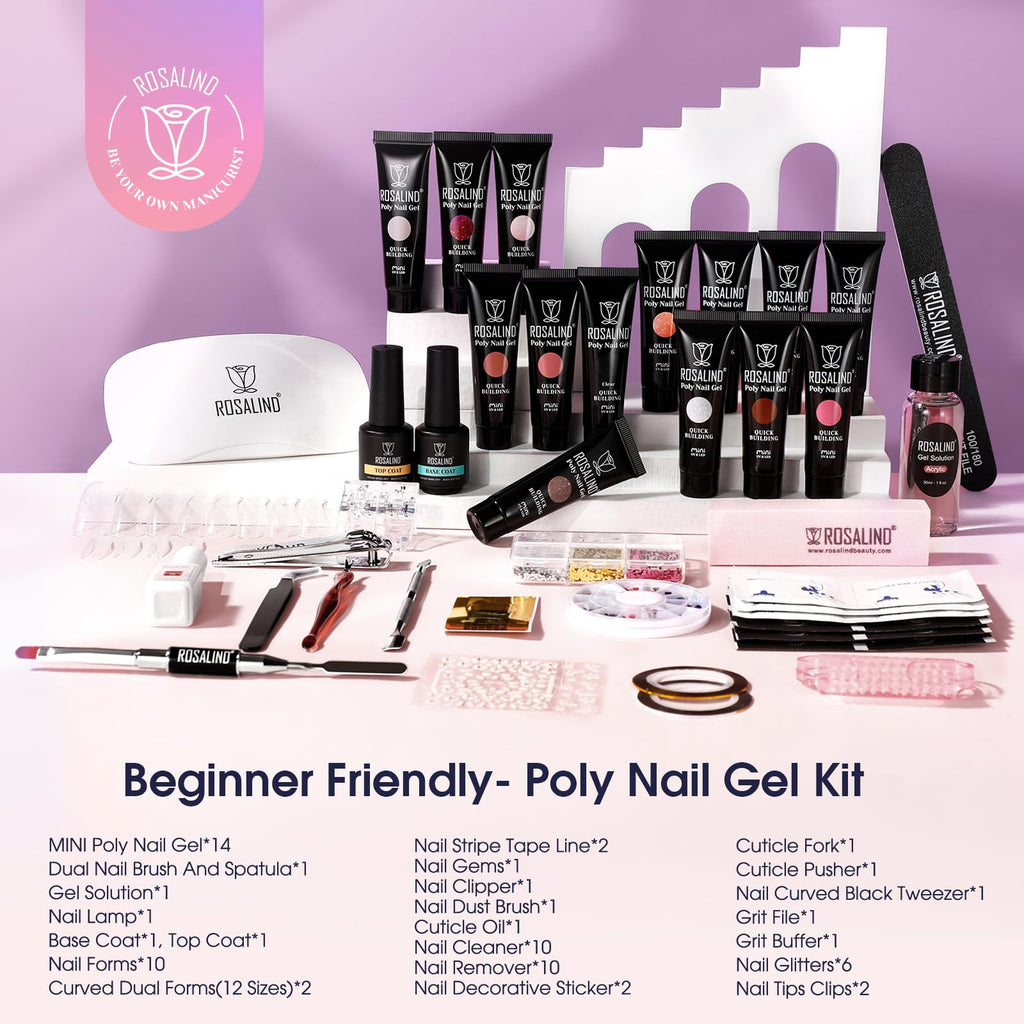ROSALIND Poly Nail Gel Kit Starter - 14 Colors & Mini UV Lamp