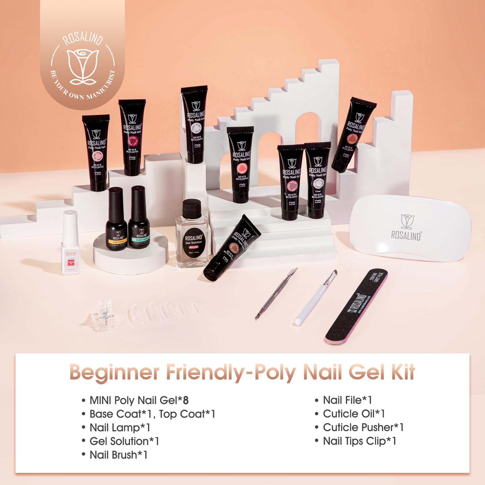 ROSALIND Poly Nail Gel Kit – 8 Colors + Mini UV Lamp for Easy At-Home Nail Extensions