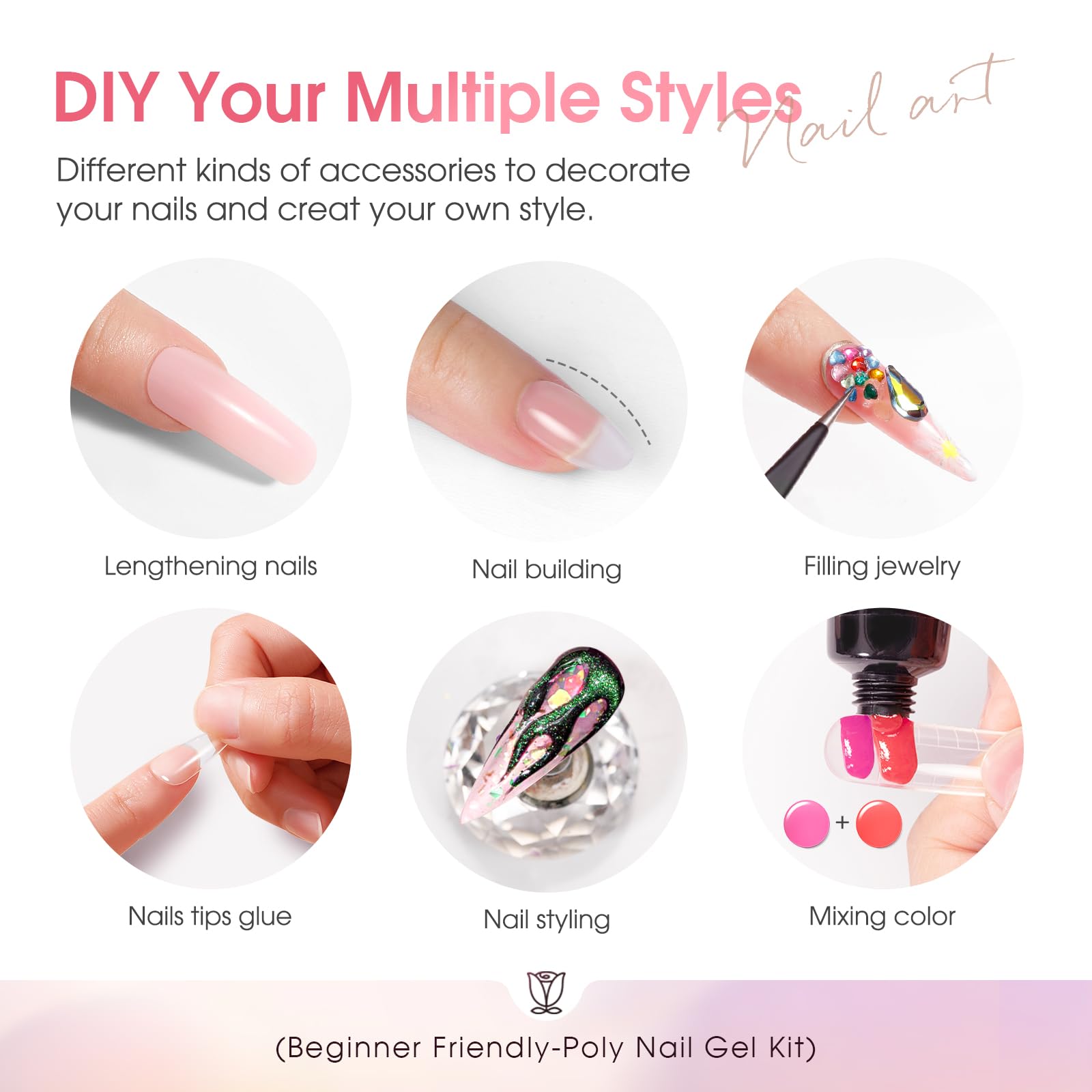 ROSALIND Poly Nail Gel Kit – 34 Colors + Mini UV Lamp Starter Set