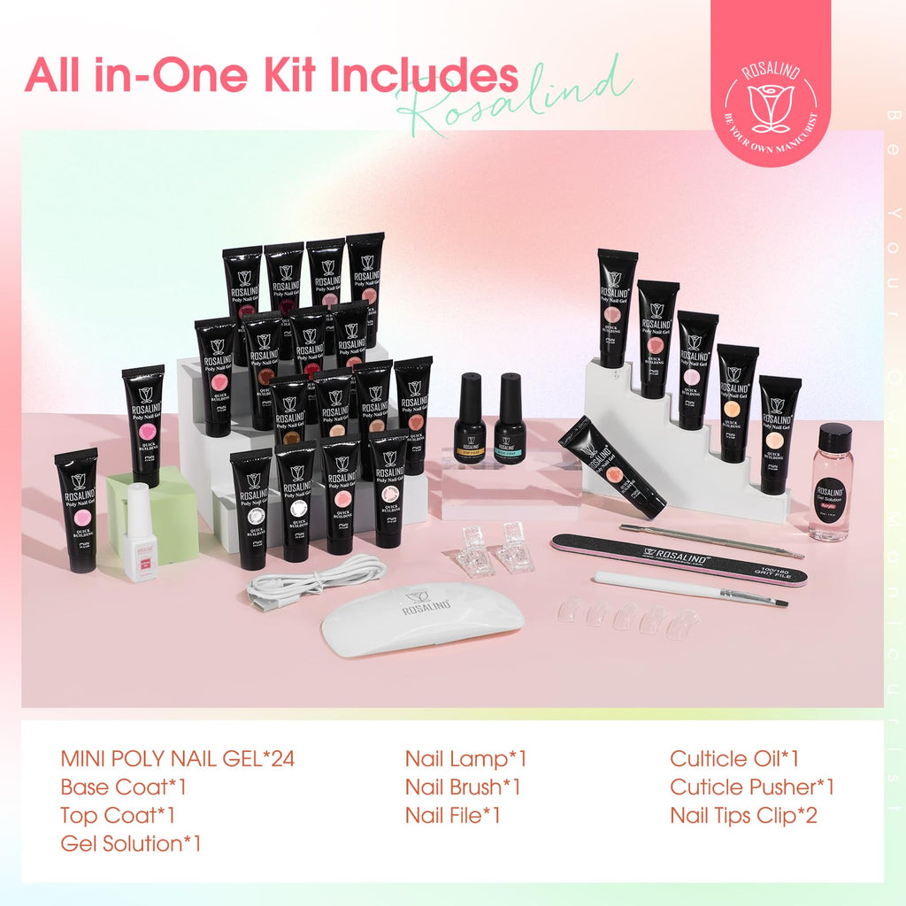 ROSALIND Poly Nail Gel Kit – 24 Colors + Mini UV Lamp Starter Set