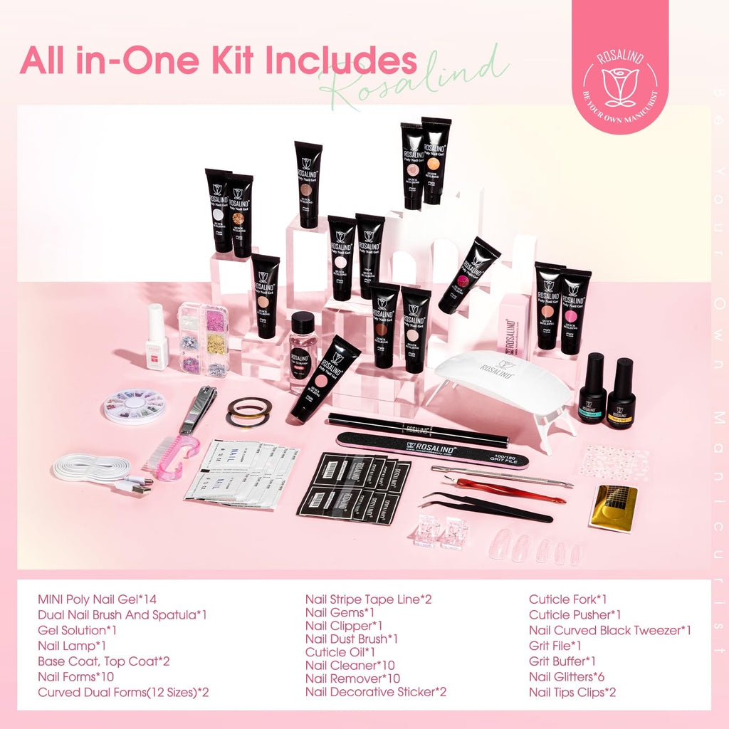 ROSALIND 14 Colors Poly Nail Gel Kit with Mini Nail Lamp – Pink & Brown