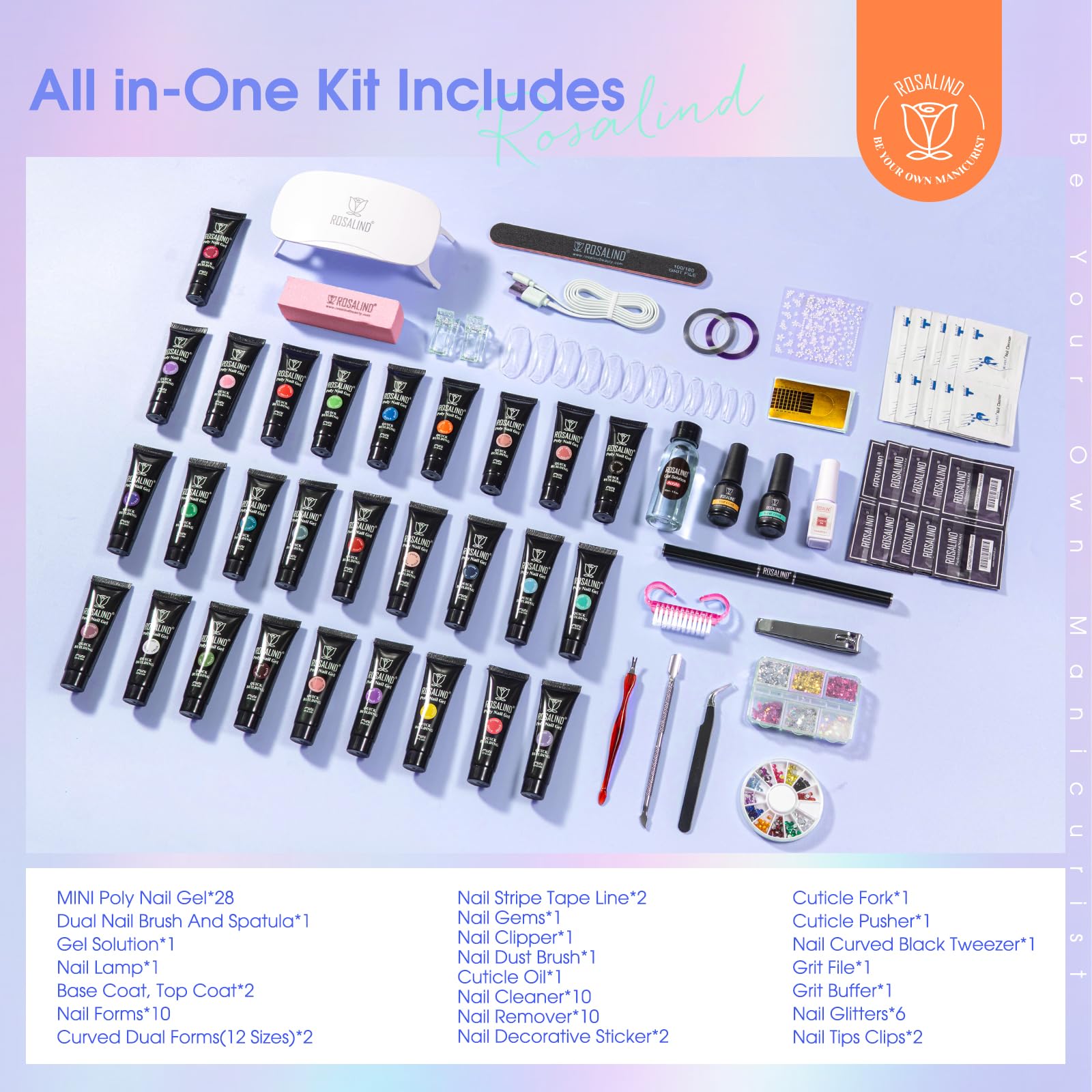 ROSALIND 28 Colors Neon Poly Nail Gel Kit with Mini Lamp – Beginner Starter Set